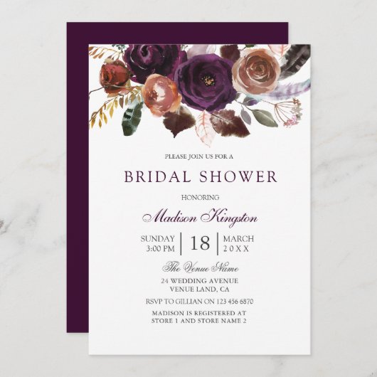 ロマンチックブルガンディパープルプラムフローラブライダルシャワー 招待状 (正面/裏面)