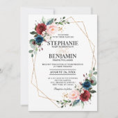 ロマンチックブルゴーニュネイビーブルーフローラ幾何学模様 招待状 (正面)