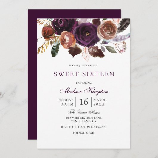 ロマンチックブルゴーニュパープルプラムフローラスウィート16 招待状 (正面/裏面)