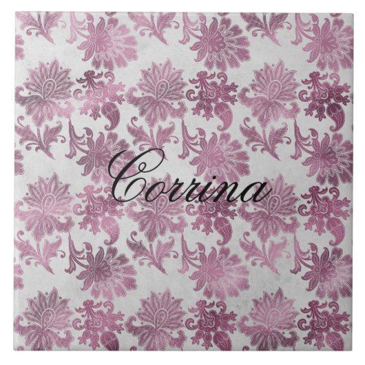 ロマンチックブルゴーニュレッドシルバーフローラ タイル (正面)