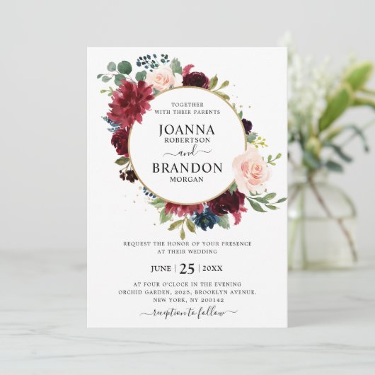 ロマンチックブルゴーニュ赤面ネイビーブルーフローラ結婚ズ 招待状 (スタンド正面)