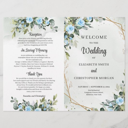 ロマンチックブルーの花とユーカリと金ゴールド (正面)