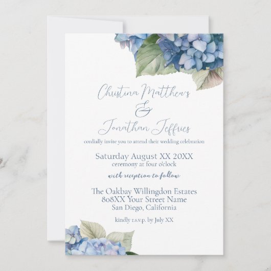 ロマンチックブルーアジサイの花 招待状 (正面)