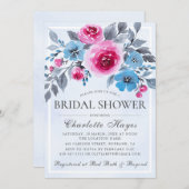 ロマンチックブルーウォーターカラーフローラブライダルシャワー 招待状 (正面/裏面)