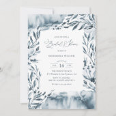 ロマンチックブルーウォーターカラーリーフブライダルシャワー 招待状 (正面)