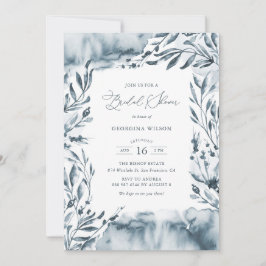 ロマンチックブルーウォーターカラーリーフブライダルシャワー 招待状