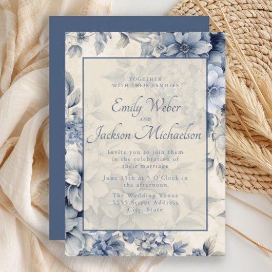 ロマンチックブルークリームヴィンテージ結婚フローラ 招待状