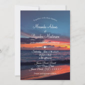 ロマンチックブルーサンセットトロピカルビーチ結婚式 招待状 (正面)