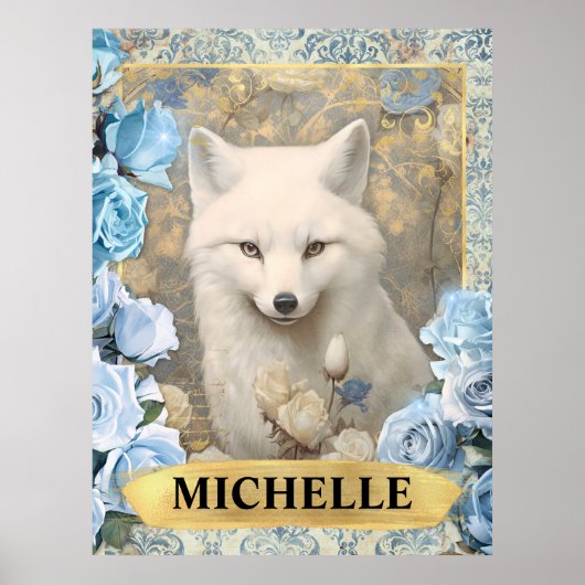 ロマンチックブルーバラとホワイトキツネファンタジー ポスター (正面)