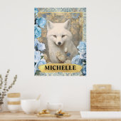 ロマンチックブルーバラとホワイトキツネファンタジー ポスター (キッチン)