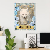 ロマンチックブルーバラとホワイトキツネファンタジー ポスター (ホームオフィス)