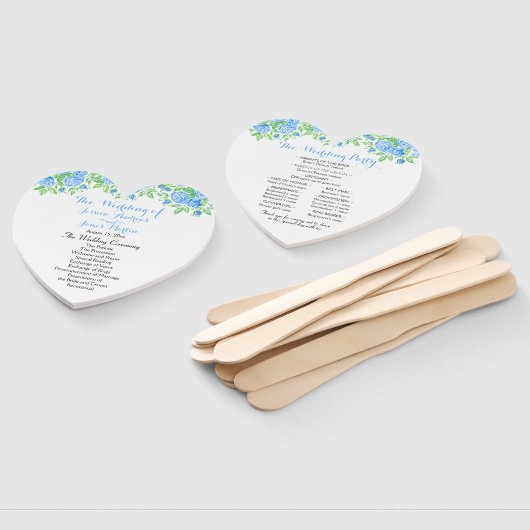 ロマンチックブルーバラフローラハート結婚式 プログラム ハンドファン (組立なし)