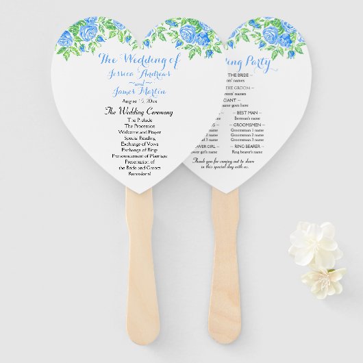 ロマンチックブルーバラフローラハート結婚式 プログラム ハンドファン (正面&裏面)