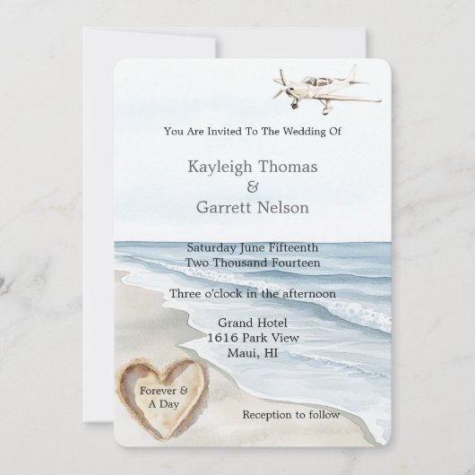 ロマンチックブルービーチ海飛行機結婚ハート 招待状 (正面)