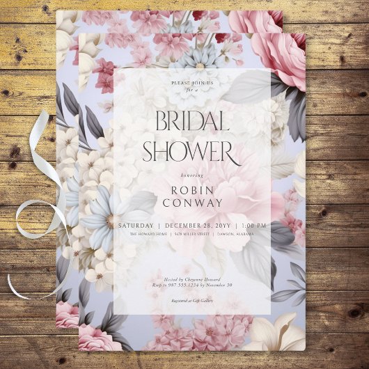 ロマンチックブルーピンク&ホワイトフローラブライダルシャワー 招待状