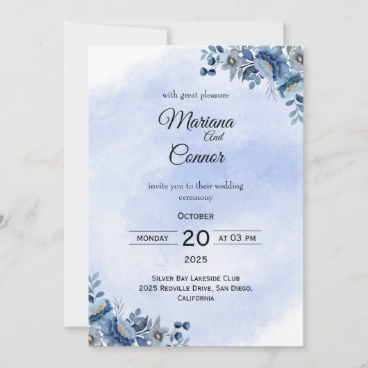 ロマンチックブルーピーニー結婚式招待状 招待状 (正面)