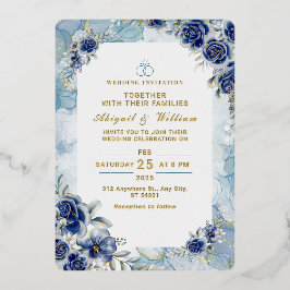 ロマンチックブルーフラワーフローラ結婚式招待状 箔招待状