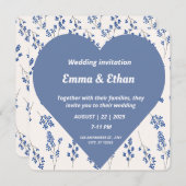 ロマンチックブルーフローラハート結婚式招待状 招待状 (正面/裏面)