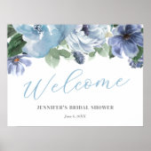 ロマンチックブルーフローラブライダルシャワーウェルカムサイン ポスター (正面)