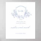 ロマンチックブルーフローラモノグラムクレストウェルカムサイン ポスター (正面)