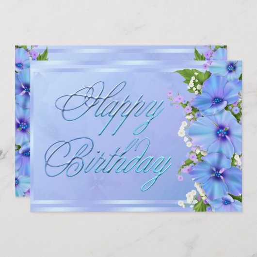 ロマンチックブルーフローラ誕生会 招待状 (正面/裏面)