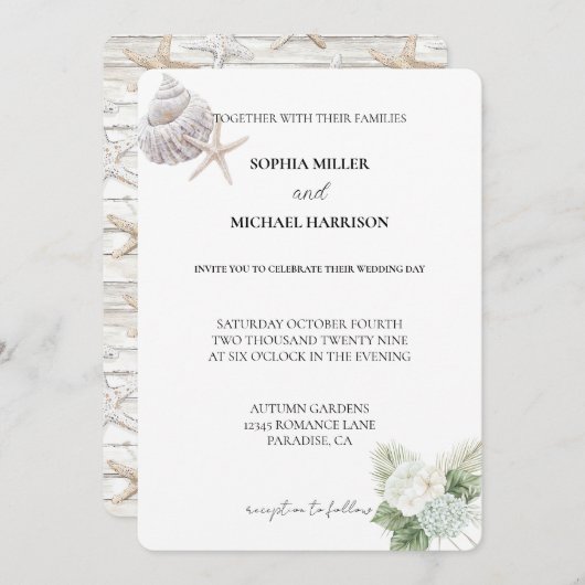 ロマンチックブルーホワイトアジサイフローラビーチ結婚式 招待状 (正面/裏面)