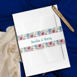 ロマンチックブルー&ピンクウォーターカラーフローラ結婚ズ 招待状ベリーバンド