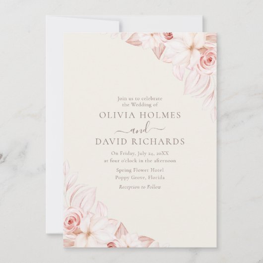 ロマンチックベージュアンドピンクローズ結婚式招待状 招待状 (正面)