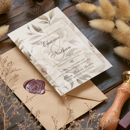 ロマンチックベージュペオニーフローラヴィンテージ秋の結婚式 招待状