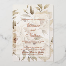 ロマンチックベージュペオニーフローラヴィンテージ秋の結婚式 箔招待状