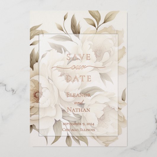 ロマンチックベージュペオニーフローラヴィンテージ秋の結婚式 箔招待状 (正面)