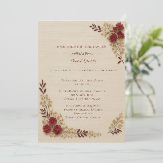 ロマンチックベージュ フラワー ウェディング 招待状 (スタンド正面)