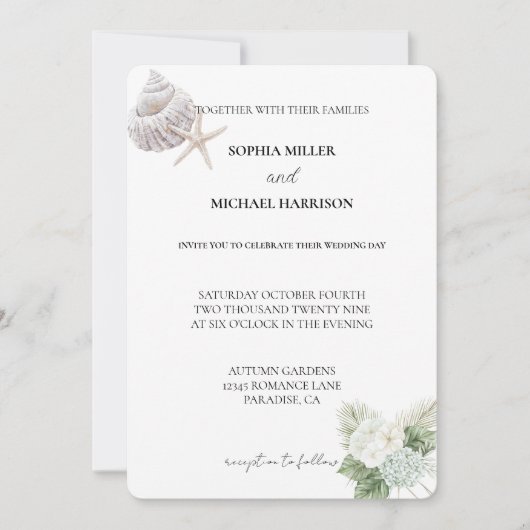ロマンチックホワイトアジサイ花ビーチ結婚式 招待状 (正面)