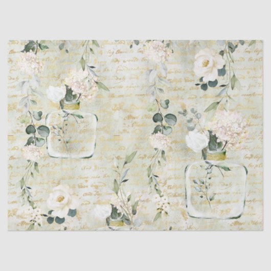 ロマンチックホワイトグリーン&金ゴールド植物フローラ 薄葉紙 (正面)