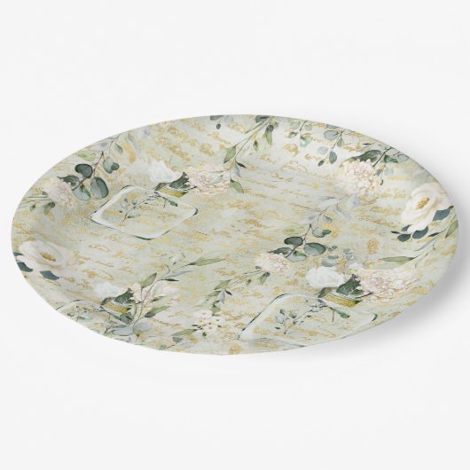 ロマンチックホワイトグリーン&金ゴールド植物学フローラ ペーパープレート (アングル)