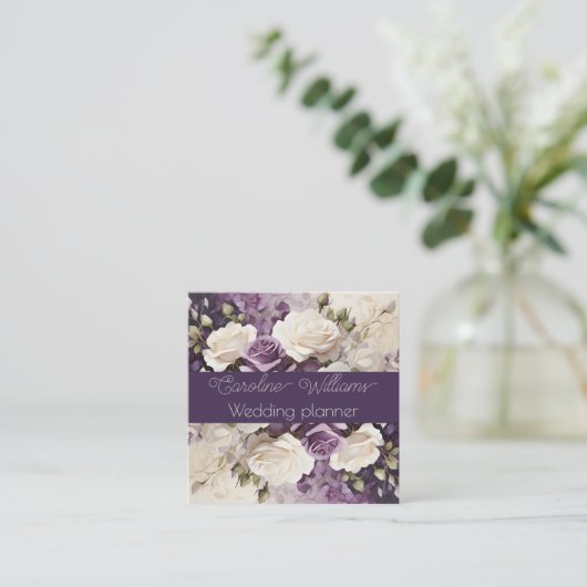ロマンチックホワイトパープルバラウェディングプランナー スクエア名刺 (スタンド正面)