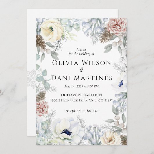 ロマンチックホワイト赤面フローラ結婚式招待状 招待状 (正面/裏面)