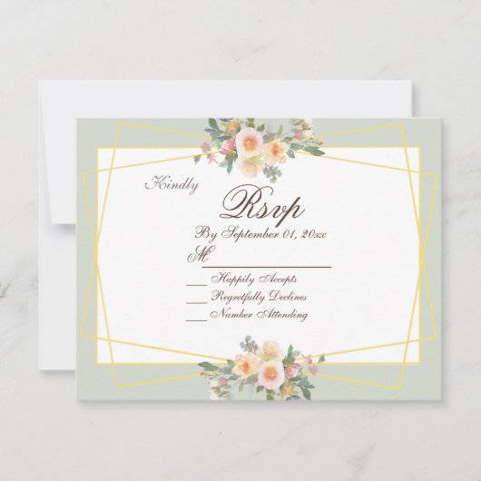 ロマンチックボタニカルセージグリーンフローラRSVPカード 招待状 (正面)
