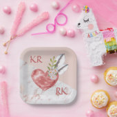 ロマンチックボホピンクハート羽デイジー大理石 ペーパープレート (パーティー)