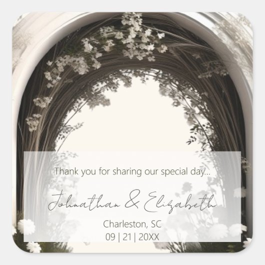 ロマンチックボホボタニカルアーチ結婚式の引き出物 スクエアシール (正面)