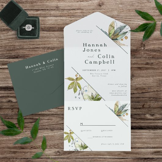 ロマンチックミニマルつる植物ガーデングリーンブルーオールインオン オールインワン招待状