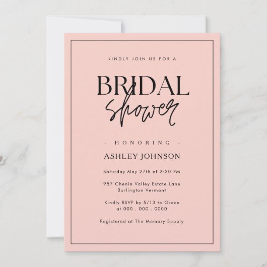 ロマンチックミニマルスクリプト赤面ピンクブライダルシャワー 招待状 (正面)