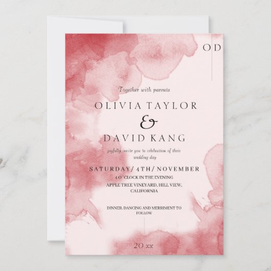 ロマンチックモダンなソフトウォーター色の赤結婚の 招待状 (正面)