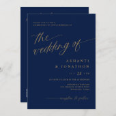 ロマンチックモダンなネイビーブルー金ゴールドオールインワン結婚ズ 招待状 (正面/裏面)