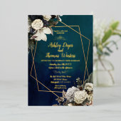 ロマンチックモダンなフローラ金ゴールド結婚リースのフォイル 箔招待状 (立ち正面)