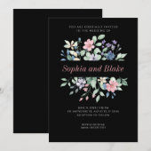 ロマンチックモダンなワイルドフラワーブラック結婚ズ 招待状 (正面/裏面)