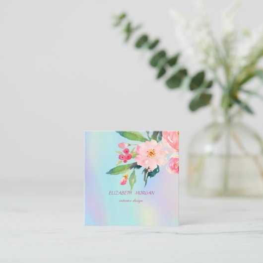 ロマンチックモダンな水の色の花ホログラフィック スクエア名刺 (スタンド正面)