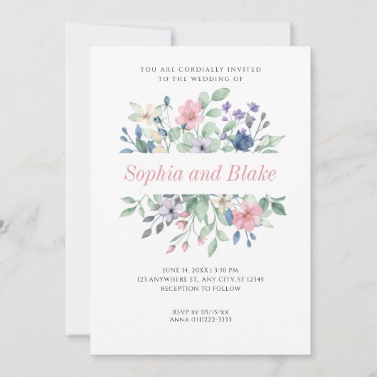 ロマンチックモダンな野シンプル花白結婚の花 招待状 (正面)