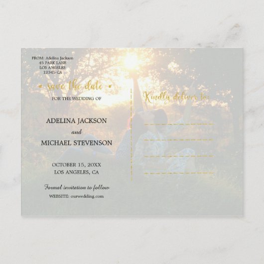 ロマンチックモダンな金の結婚式は日付を除く 案内ポストカード (裏面)