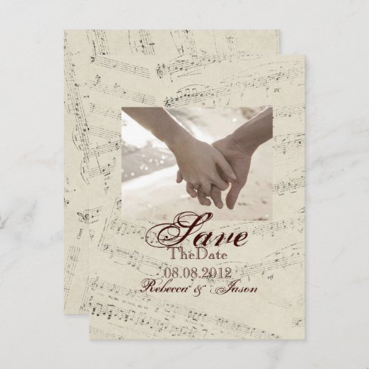 ロマンチックモダンな音楽ノート結婚式は日付を保存 案内ポストカード (正面/裏面)